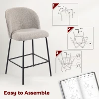 HOMCOM Set 2 Scaune de Bar cu Spătar și Suport pentru Picioare, Acoperire din Material Textil și Picioare din Oțel, Gri(m-7)