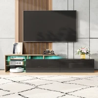 Mobile TV con illuminazione LED, spazio di archiviazione e ripiani in vetro, 170x33x33,5 cm, Colore naturale+Nero(m-4)