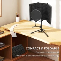 HOMCOM Studio Microphone Isolation Shield with Pop Filter and Tripod Stand, Foldable Adjustable Recording Studio Equipment, 3-Panel High Density Absorbent Foam Shield with 3/8" Threaded Mount, Black(m-5)