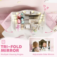 AIYAPLAY Kids Dressing Table and Stool Set, Girls Vanity Table with 2-Colour LED Lights, Tri-Folding Mirror, White(m-6)