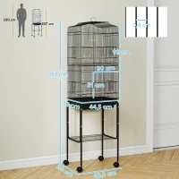 PawHut Jaula para Pájaros con Soporte Jaula Metálica con Ruedas Bandeja Extraíble y Estante 46,5x36x157 cm Negro(m-3)