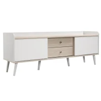 Mobile TV con 2 cassetti, ante scorrevoli a righe e gambe in legno robuste, 160x40x58 cm, Bianco(m-9)