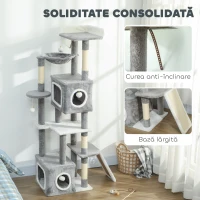 PawHut Arborele pentru Pisici cu Căsuțe, Rampe, Stinghie și 4 Mingi, Gri(m-7)