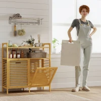 HOMCOM Mobilier pentru Rufe cu 2 Coșuri de 41L și 2 Rafturi, Culoare Lemn și Cremă(m-9)