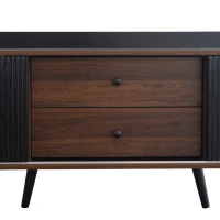 Mobile TV con 2 cassetti, ante scorrevoli a righe e gambe in legno robuste, 160x40x58 cm, Nero(m-7)