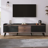 Mobile TV con 2 cassetti, ante scorrevoli a righe e gambe in legno robuste, 160x40x58 cm, Nero(m-1)