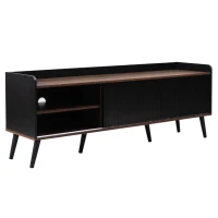 Mobile TV con 2 cassetti, ante scorrevoli a righe e gambe in legno robuste, 160x40x58 cm, Nero(m-8)
