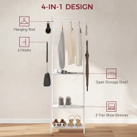HOMCOM Cuiere de Podea cu Suport pentru Încălțăminte, 4 Cârlige și Raft 52x30x180cm Alb(m-4)