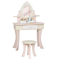 AIYAPLAY Kids Dressing Table, Girls Vanity Set with Mirror and Stool, 7 Play Accessories, Drawer, Desktop Storage, Pink(m-10)