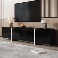 High-gloss Finish TV Cabinet with 3 Doors, 1 Drawer, Contrasting Base and Legs, TV Stand for Living Room, 170L x 29.5W x 40H cm, Black+White