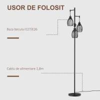 HOMCOM Lampadar Industrial cu 3 Abajururi și Intensitate Regulabilă, 30x30x170.5 cm, Negru(m-6)