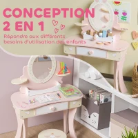 AIYAPLAY Coiffeuse enfant fille table de maquillage 2 en 1 avec 7 accessoires de jeu miroir en acrylique 59,8x29,6x89,8cm rose(m-4)