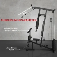 HOMCOM Kraftstation für Zuhause Fitnessstation mit Latzuggerät, Kabelzug, kurzer Bizepsstange, Brustpresse, Beintrainer, Butterfly-Maschine 45kg Gewichten Multifunktion Fitnessstation Schwarz(m-7)