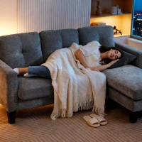 HOMCOM Sofá Chaise Longue Sofá em Forma de L Estofado em Poliéster Sofá de Canto Reversível 186x130x84 cm Cinzento Escuro(m-4)