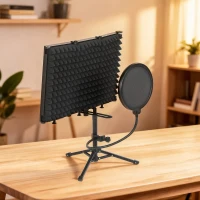 HOMCOM Studio Microphone Isolation Shield with Pop Filter and Tripod Stand, Foldable Adjustable Recording Studio Equipment, 3-Panel High Density Absorbent Foam Shield with 3/8" Threaded Mount, Black(m-9)