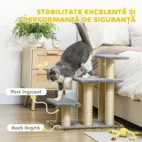 PawHut Scară pentru Câini și Pisici cu 3 Trepte din Pluș și Stâlpi Zgâriători din Sisal, Capacitate 10 kg, Gri(m-4)