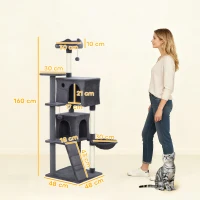 PawHut 160cm Large Cat Tree Tower with Sisal Scratching Posts, Condos, Plush Perches, Hammock, Ladder, Dark Grey(m-3)