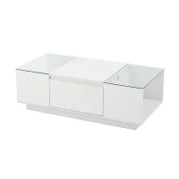 Masă de cafea cu spațiu de depozitare, iluminare ambientală LED, blat din sticlă și 2 sertare, 105x50x35 cm, Alb(m-1)