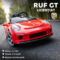 AIYAPLAY Mașinuță Electrică pentru Copii cu Licență Oficială RUF GT, Auto Electric pentru Copii 3-5 Ani cu Telecomandă, Pornire Lentă, Centură de Siguranță, Lumini, Muzică și USB, Roșu(m-4)