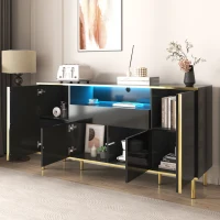 Credenza con illuminazione a LED, 4 ante, 1 cassetto, 150x40x80 cm, Nero(m-5)