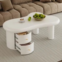Tavolino da salotto con forma irregolare, 2 cassetti, 97x64x42 cm, Bianco(m-5)