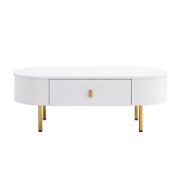 Mesa de centro con 2 cajones, esquinas redondeadas, tiradores y patas doradas, 108x50x40 cm, Blanco