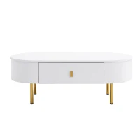 Tavolino da salotto con 2 cassetti, angoli arrotondati, maniglie e gambe dorate, 108x50x40 cm, Bianco(m-2)