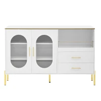 Credenza con 2 cassetti e 2 ante in vetro, ampio vano contenitivo, 140x38x90 cm, Bianco(m-2)