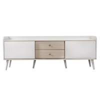 Comodă TV cu 2 sertare, uși glisante cu dungi și picioare stabile din lemn, 160x40x58 cm, Alb