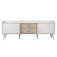 Mobile TV con 2 cassetti, ante scorrevoli a righe e gambe in legno robuste, 160x40x58 cm, Bianco(m-2)