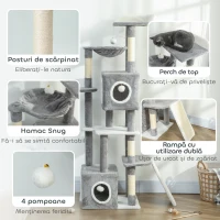PawHut Arborele pentru Pisici cu Căsuțe, Rampe, Stinghie și 4 Mingi, Gri(m-6)