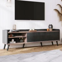 Mobile TV con 2 cassetti, ante scorrevoli a righe e gambe in legno robuste, 160x40x58 cm, Nero(m-4)