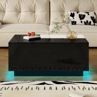 Tavolino da salotto con illuminazione LED, piano estraibile e vano portaoggetti, 80x50x35,5 cm, Bianco+Nero(m-1)
