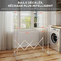 HOMCOM Séchoir à linge pliable étendoir linge intérieur à 3 barres réglables et 4 roulettes 104-150 x 103 x 145-197 cm argent(m-4)