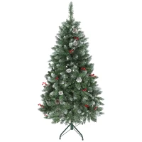 HOMCOM Brad de Crăciun Înnzăpezit Înalt de 150 cm cu 398 Ramuri, Brad Artificial de Interior cu Conuri și Boabe Roșii Decorative, Bază Metalică, Verde(m-10)