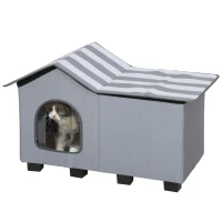 PawHut Outdoor Cat House, Weather Resistant Feral Cat Cave with Elevated Base and Cushion for Winter, Grey(m-10)