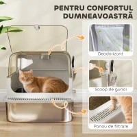 PawHut Litieră pentru Pisici XXL din Oțel Inoxidabil cu Capac Rabatabil la 90° Gri(m-7)