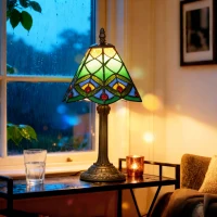 HOMCOM Tiffany-Style Table Lamp with Geometric Patterns, Handcrafted Antique Stained Glass Bedside Lamp for Living Room and Bedroom, E27 Socket, Green(m-2)