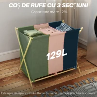 HOMCOM Coș de Rufe Pliabil cu 3 Compartimente, din Bambus și Material cu Efect de In, 75x48x67 cm, Multicolor(m-4)