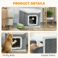 PawHut Cat House for Indoor Kittens, 2-Level Cat Cave Bed with Fluffy Balls, Top Bed, Kitten Barrel for Multi Kitties, Grey(m-5)