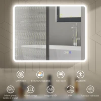 HOMCOM Miroir salle de bain LED bluetooth 70 x 90 cm interrupteur tactile lumière réglable 3 couleurs anti-buée mémoire argent(m-4)