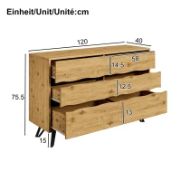 Credenza moderna con 6 cassetti, piedini in metallo, ampio spazio di contenimento, 120x40x75,5 cm, Colore naturale(m-3)
