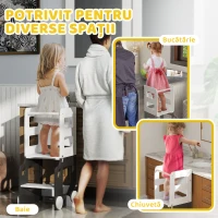 AIYAPLAY Scara Montessori 4 în 1 pentru Copii cu 2 Table și Set Masă și Scaun, din Lemn, 58x46x92 cm, Alb(m-8)