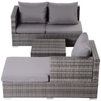 Outsunny 3 Pieces Rattan Garden Furniture Sofa Set, 4 Seater Garden Corner Sofa with 5-Level Reclining Sun Lounger and Storage Coffee Table, Outdoor Furniture Conservatory Set with Cushions, Grey(m-11)