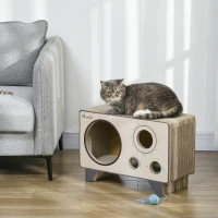 PawHut Griffoir pour chat en forme de radio avec herbe à chat, maison 2 en 1 carton ondulé pour chat chaton 57 x 24,5 x 39 cm(m-10)