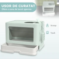 PawHut Litieră de nisip pentru pisici cu Capac, Intrare Dublă, Sertar, Lopățică, Verde(m-4)