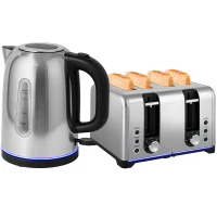 HOMCOM Kettle and Toaster Set, 1.7L 3000W Rapid Boil Jug Kettle with Otter Thermostat, Limescale Filter, 4 Slice Toaster with 7 Browning Controls, Crumb Tray, LED Strip, Silver Tone(m-10)