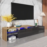 Mobile TV con illuminazione LED, spazio di archiviazione e ripiani in vetro, 170x33x33,5 cm, Colore naturale+Nero(m-1)