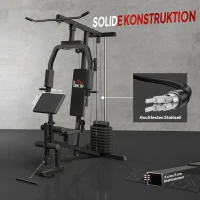 HOMCOM Kraftstation für Zuhause Fitnessstation mit Latzuggerät, Kabelzug, kurzer Bizepsstange, Brustpresse, Beintrainer, Butterfly-Maschine 45kg Gewichten Multifunktion Fitnessstation Schwarz(m-6)