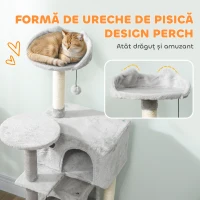 PawHut Ansamblu de Joaca pentru Pisici Înalt de 140 cm cu 2 Căsuțe, Hamac, Pat și Stâlpi din Sisal, Gri(m-5)